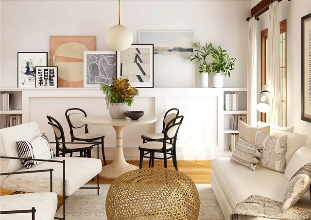 Living room with sofa, plants, and table